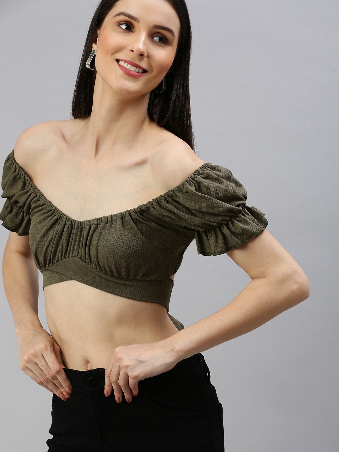 

AAHWAN Olive Green Self Geometric Print Off-Shoulder Bardot Crop Top with Waist Tie-Ups