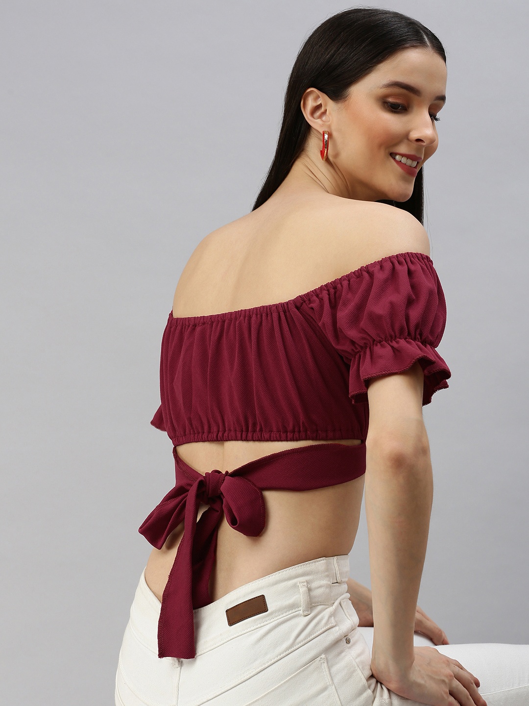 

AAHWAN Maroon Solid Off-Shoulder Bardot Crop Top