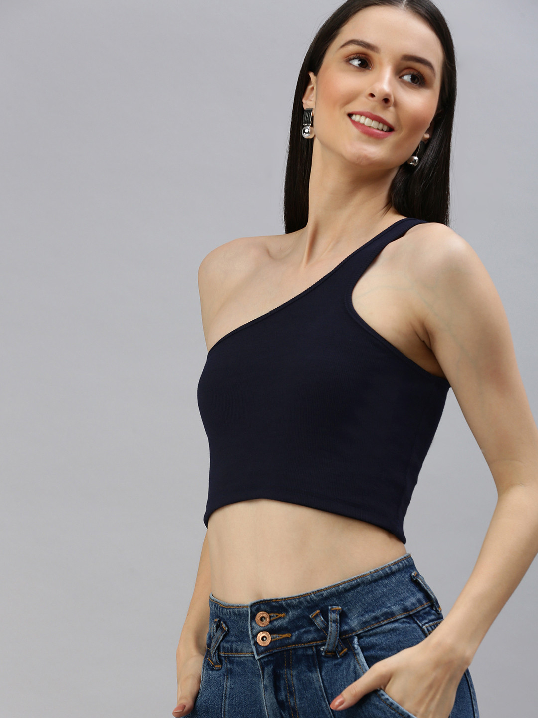 

AAHWAN Navy Blue One Shoulder Crop Top