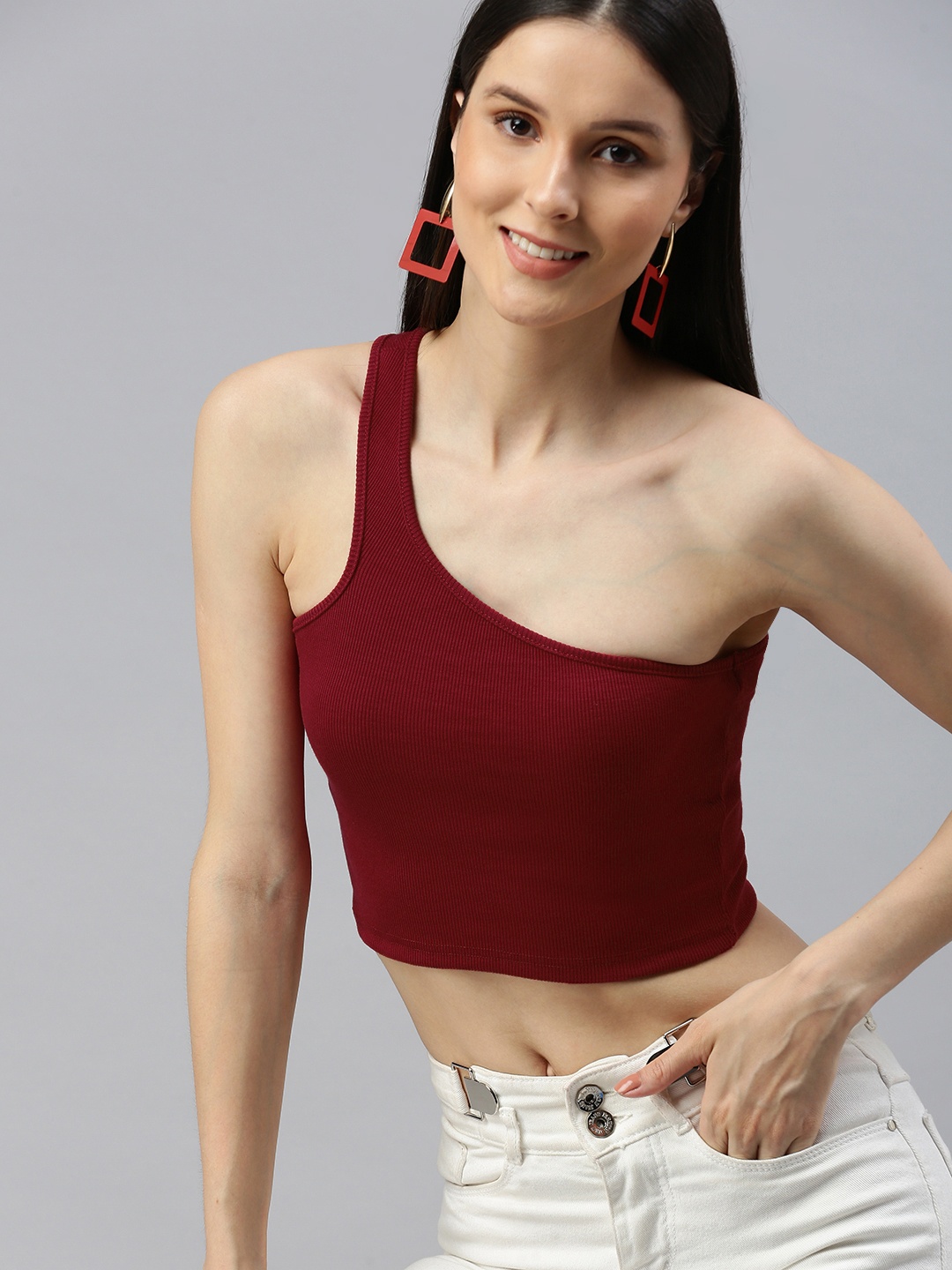 

AAHWAN Maroon One Shoulder Crop Top