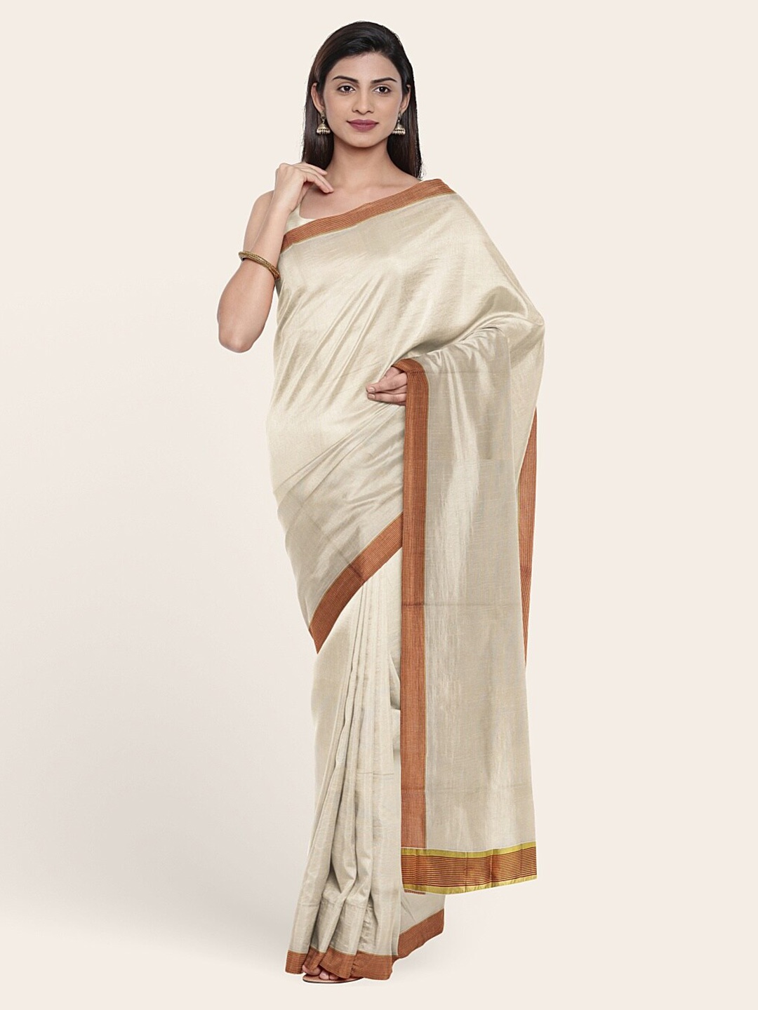 

Pothys Off White & Brown Pure Cotton Saree