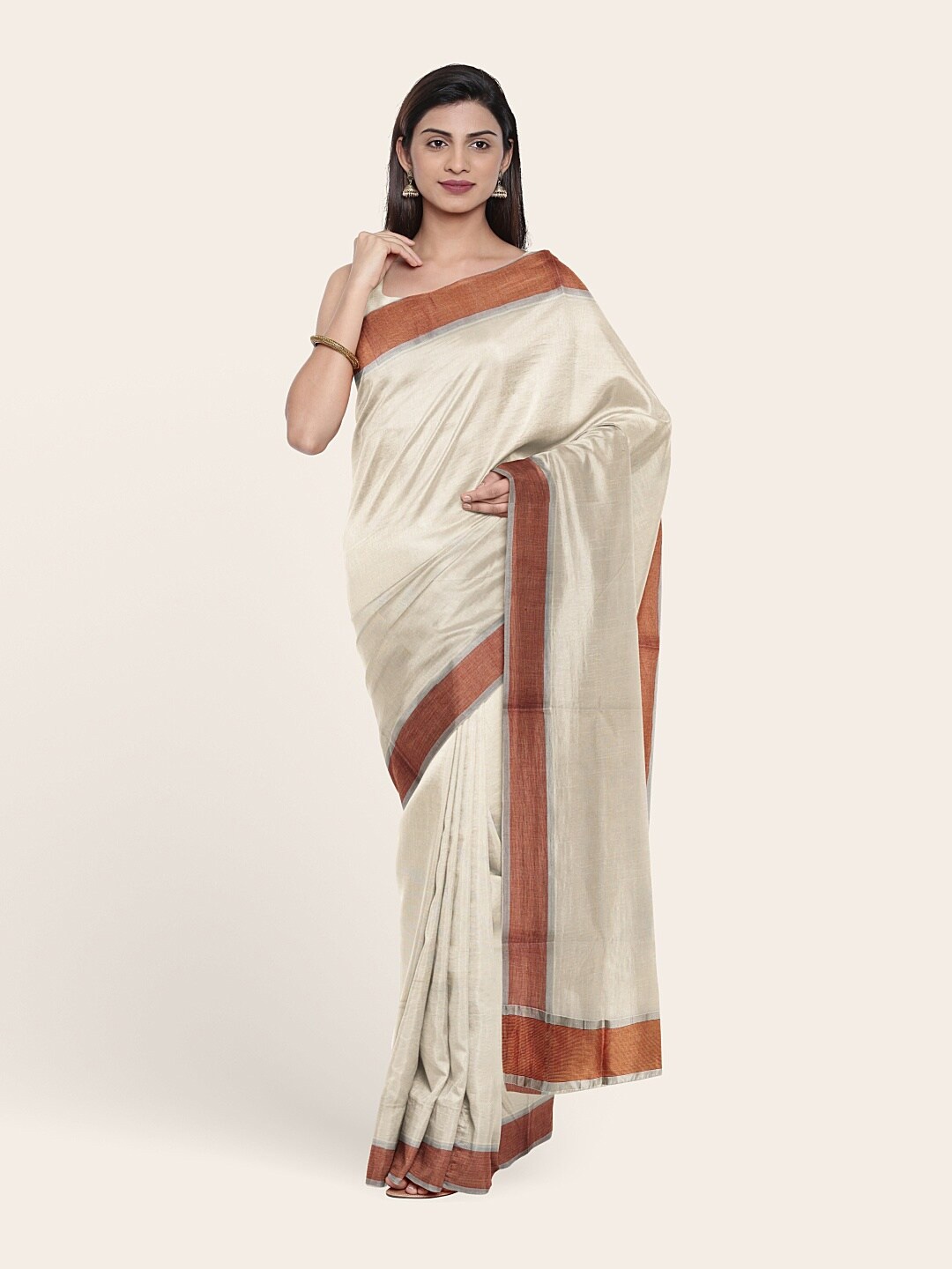 

Pothys Off White & Brown Pure Cotton Saree