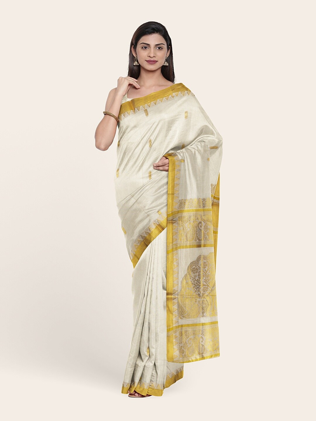 

Pothys Off White & Gold-Toned Woven Design Zari Pure Cotton Saree