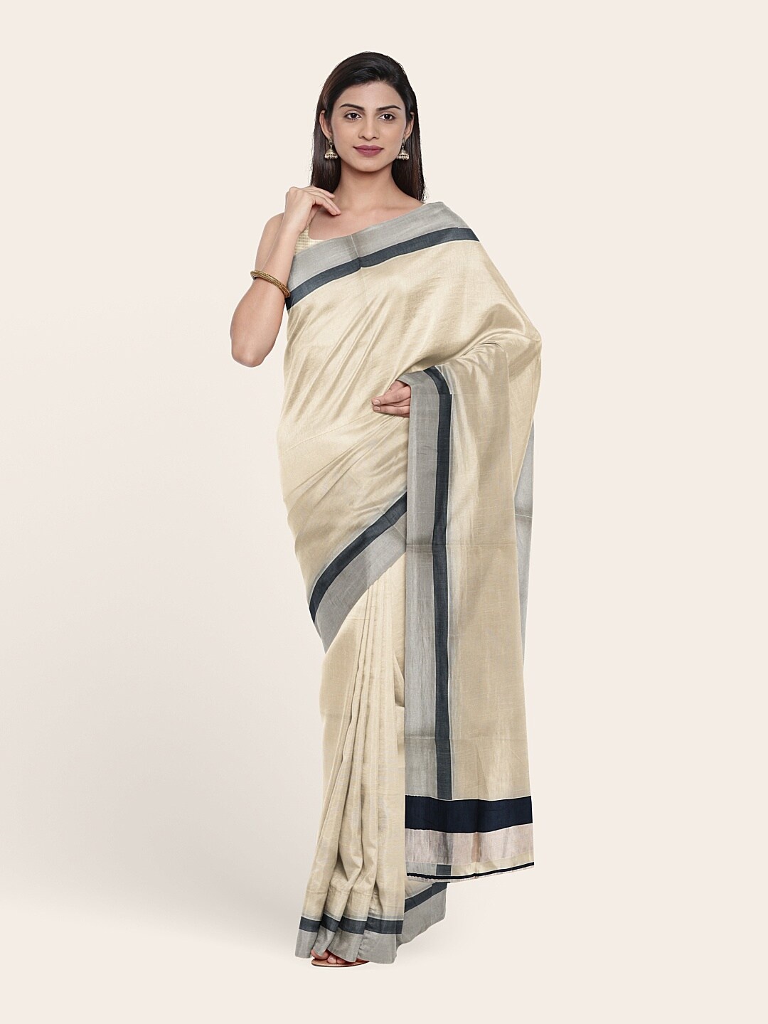 

Pothys Off White & Silver-Toned Zari Pure Cotton Saree