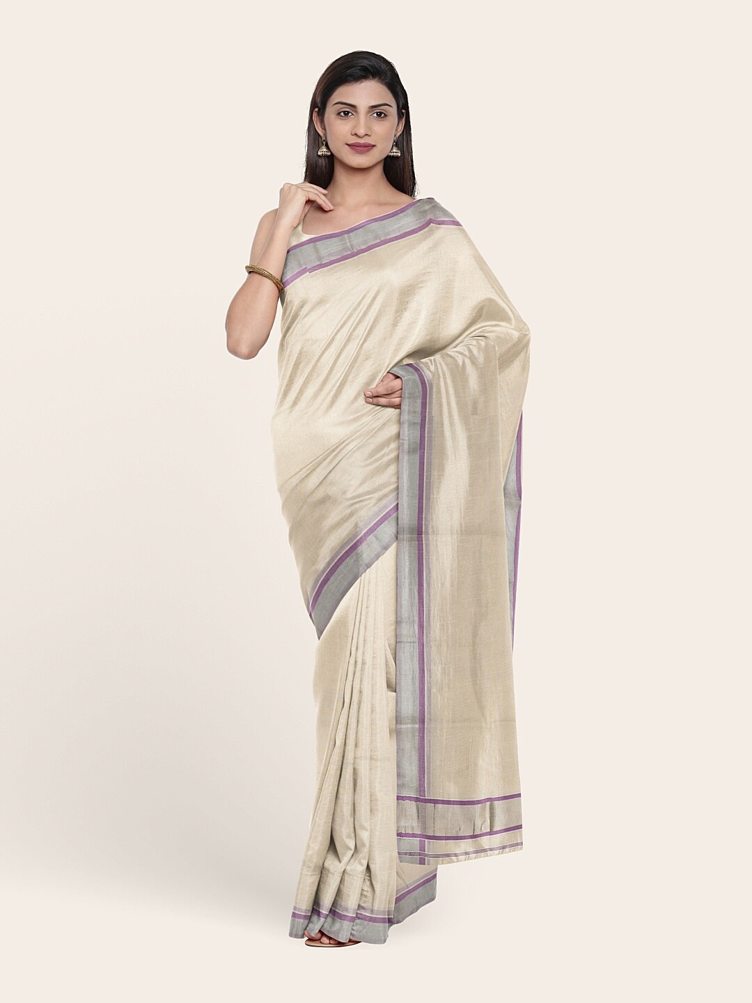 

Pothys Women Off White & Silver-Toned Zari Pure Cotton Saree