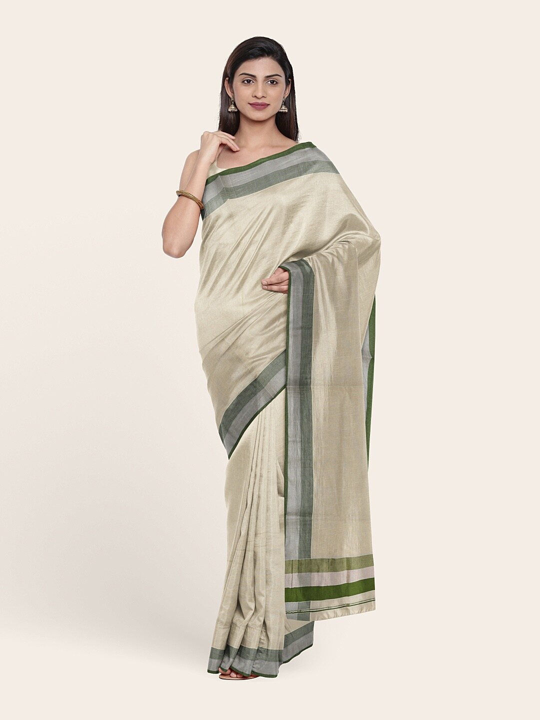 

Pothys Off White & Green Zari Pure Cotton Saree