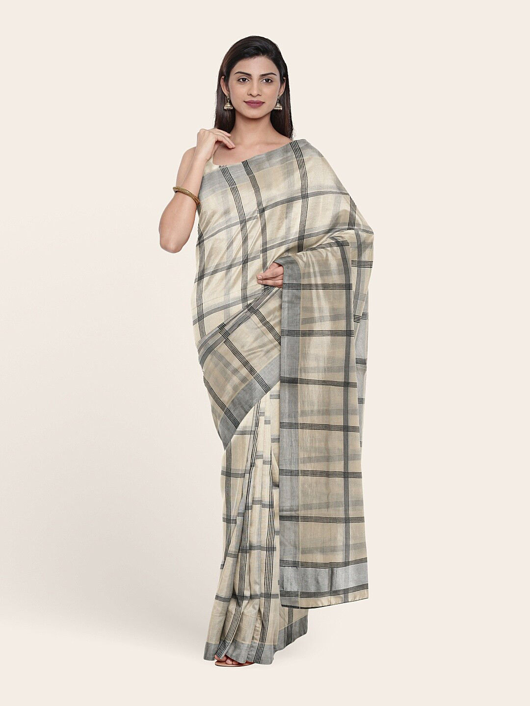

Pothys Off White & Black Checked Pure Cotton Saree
