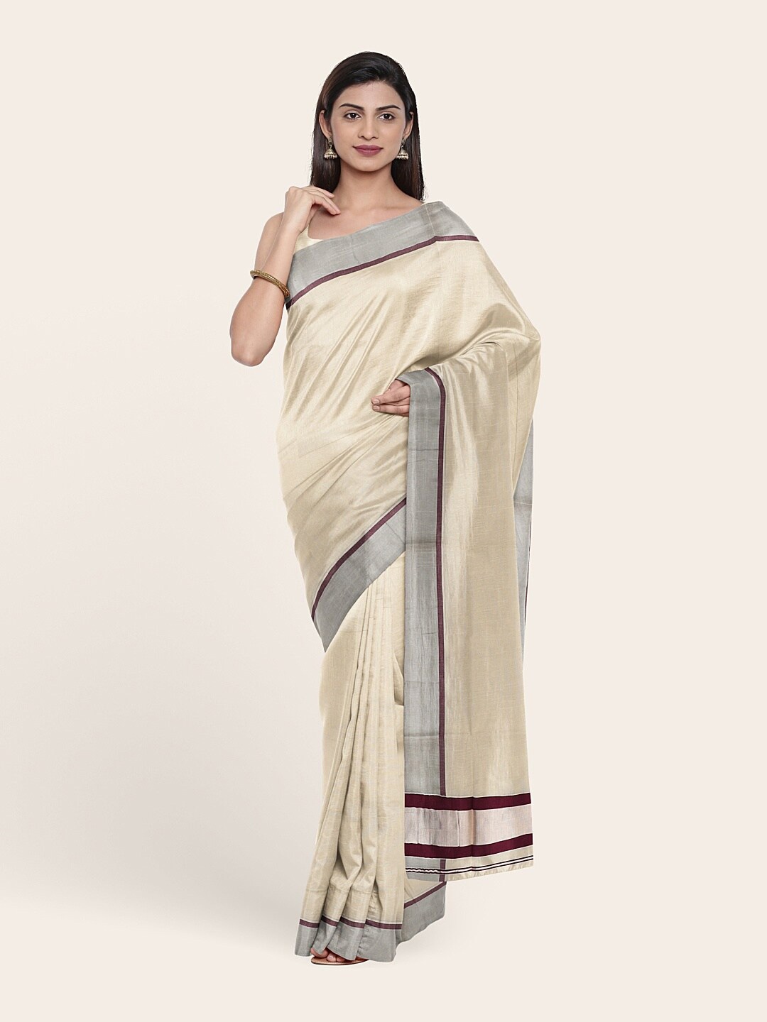 

Pothys Off White & Burgundy Pure Cotton Saree