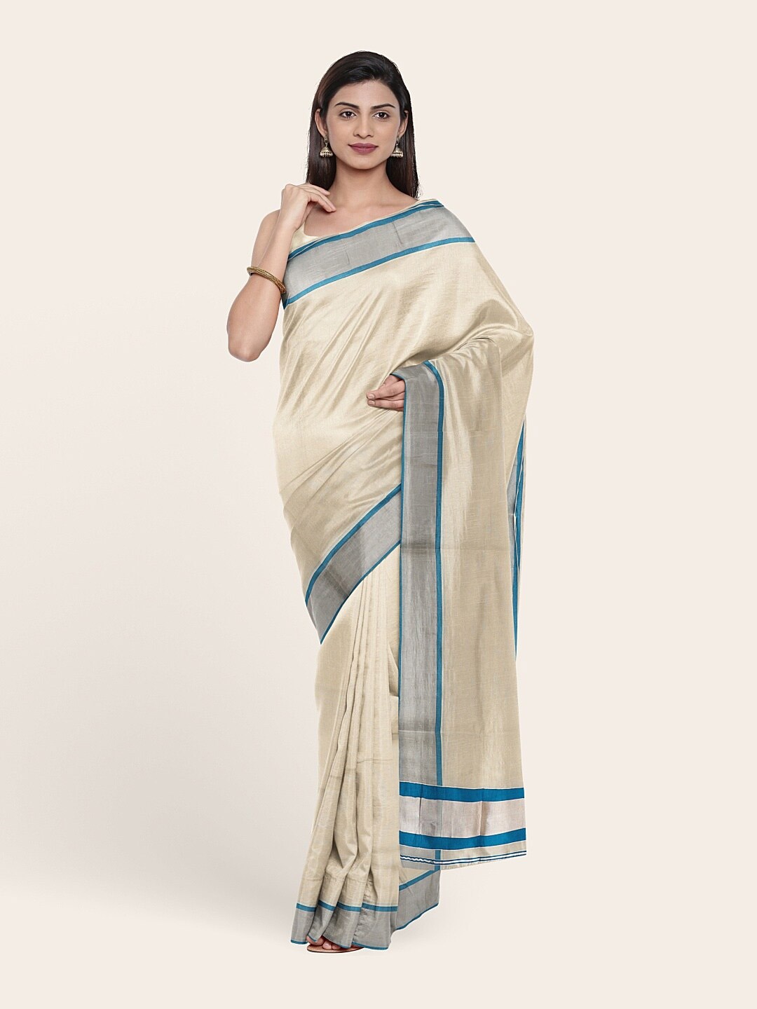 

Pothys Off White & Blue Zari Pure Cotton Saree