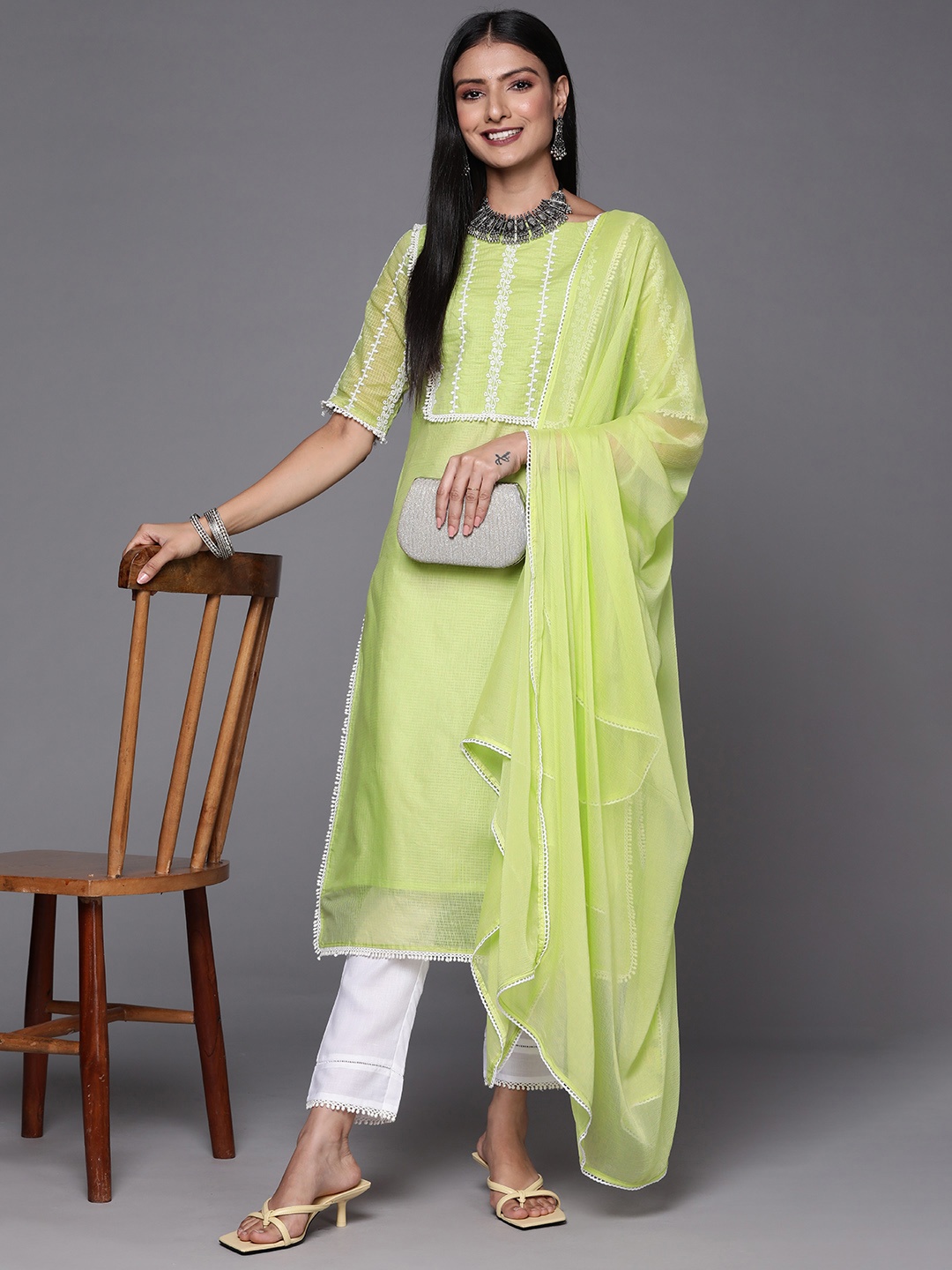 

Inddus Women Green & White Embroidered Thread Work Kurta with Trousers & Dupatta