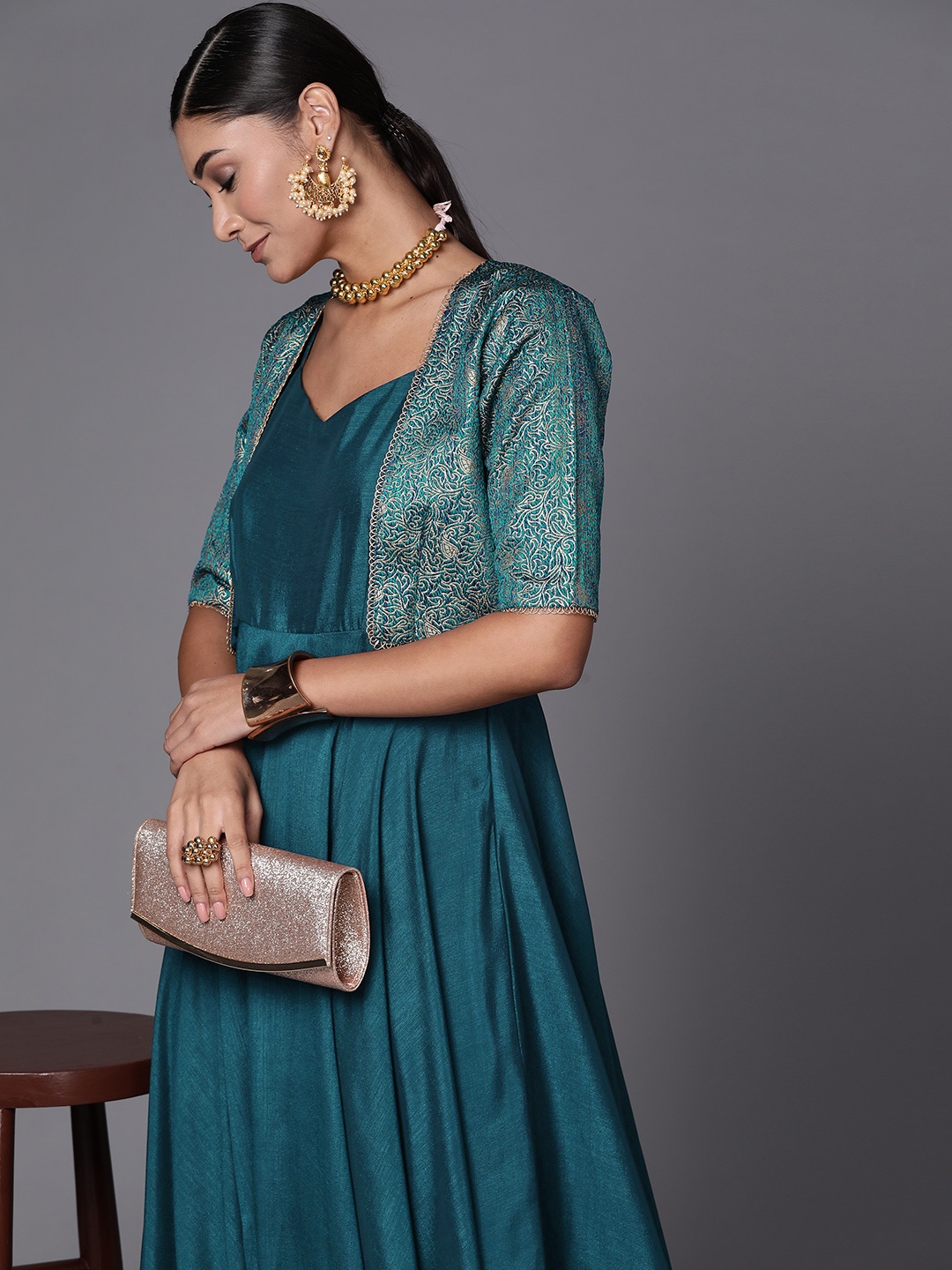

Inddus Teal Green Solid Maxi Dress with Brocade Jacket
