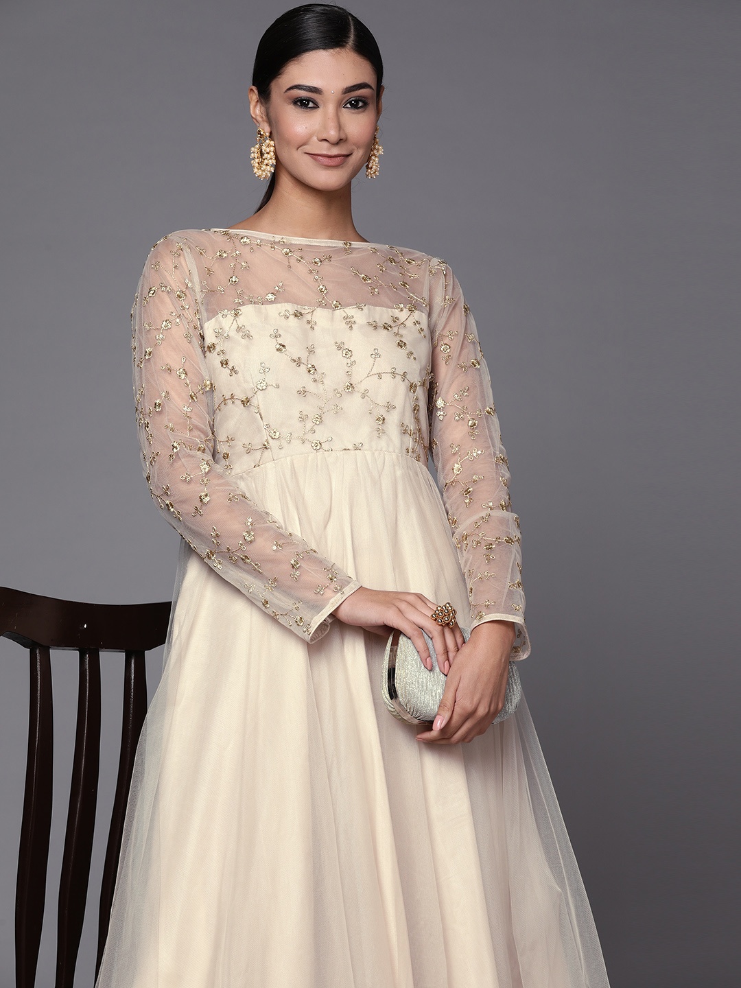 

Inddus Women Cream-Coloured Floral Embroidered Net Maxi Dress
