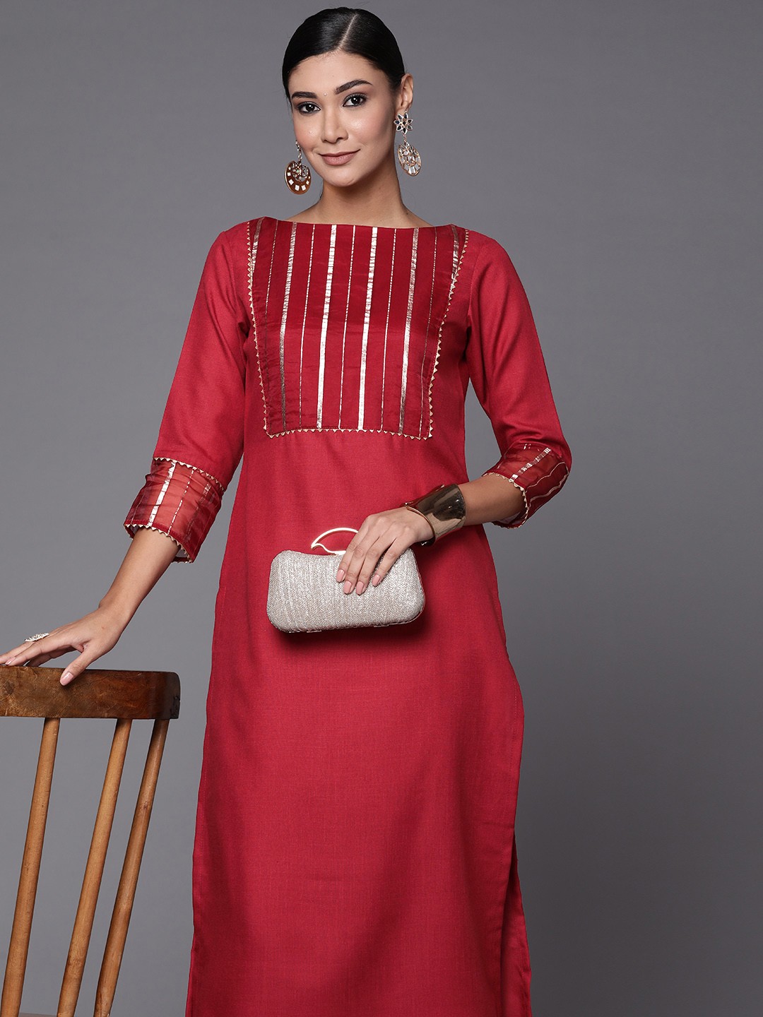 

Inddus Women Maroon Gotta Patti Kurta with Trousers