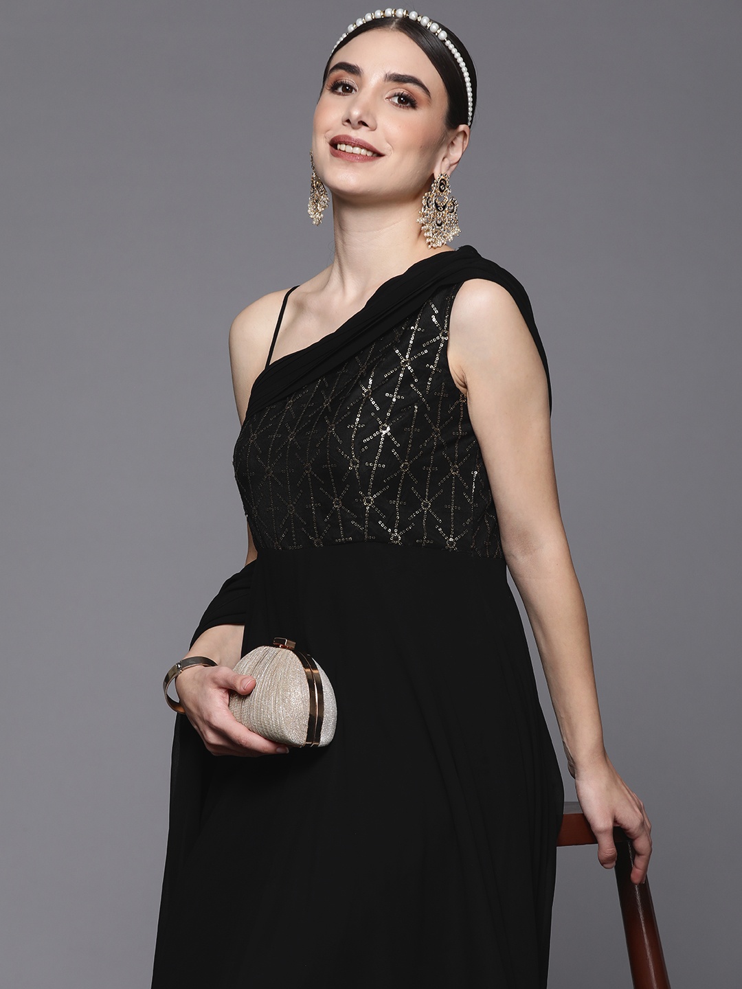 

Inddus Black Embellished One Shoulder Georgette Ethnic Dress with Draped Dupatta
