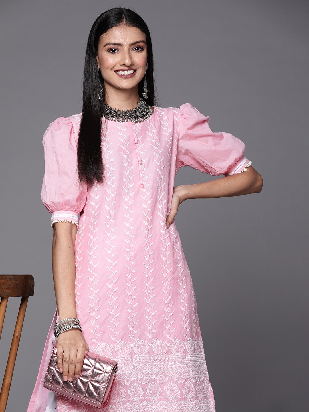 

Inddus Women Pink & White Ethnic Motifs Embroidered Thread Work Kurta with Trousers