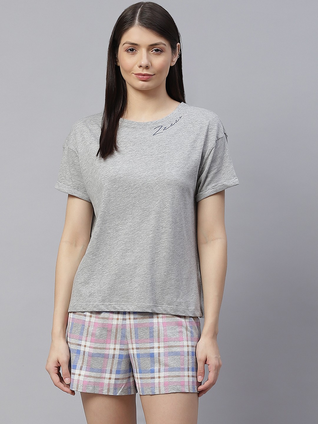 

Marks & Spencer Women Grey & Blue Pure Cotton Night suit