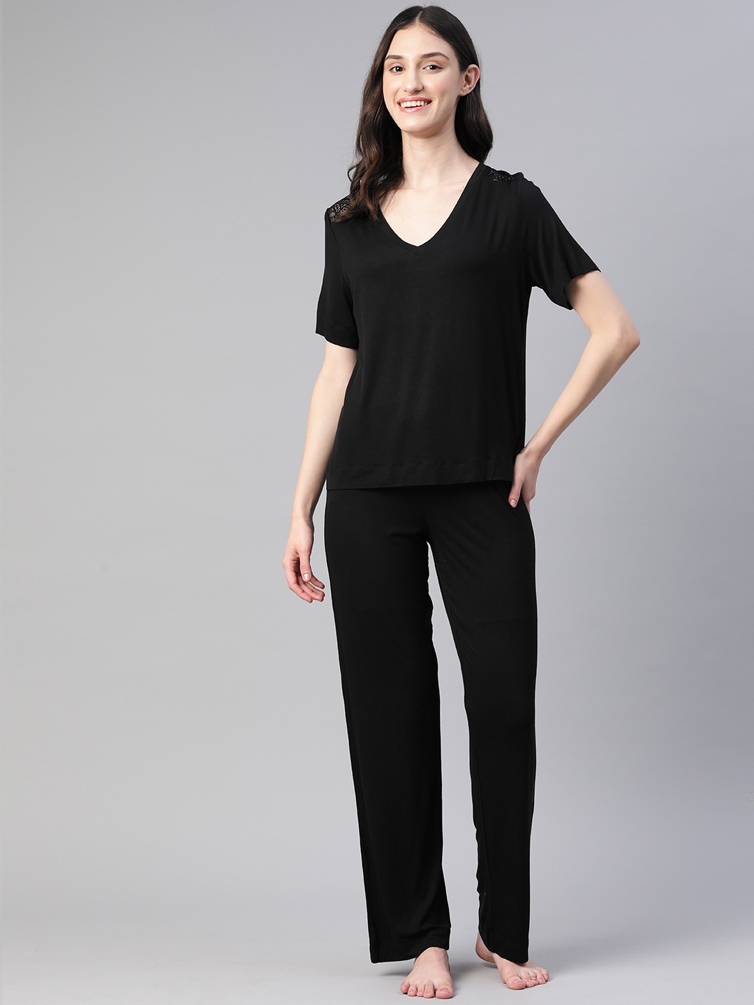 

Marks & Spencer Body Soft Lace Inserted Pyjama Set, Black