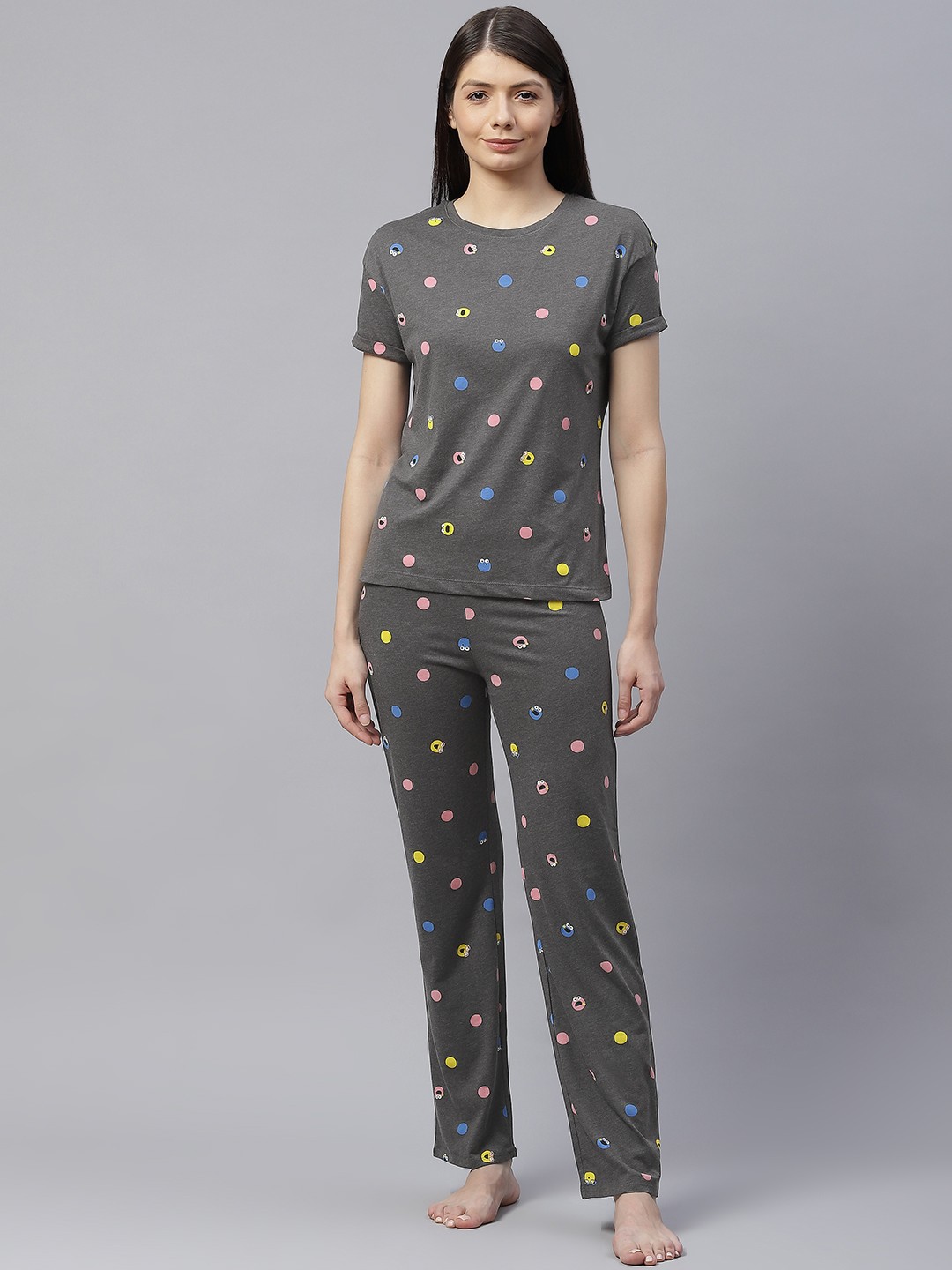 

Marks & Spencer Women Charcoal Black & Blue Printed Pure Cotton Pyjama Set