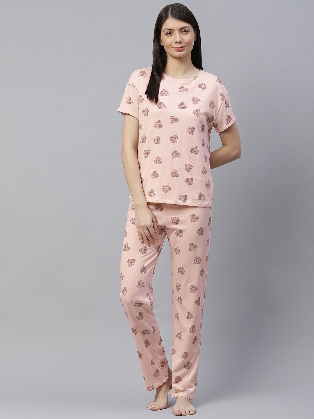 

Marks & Spencer Women Pink & Grey Printed Pure Cotton Night suit