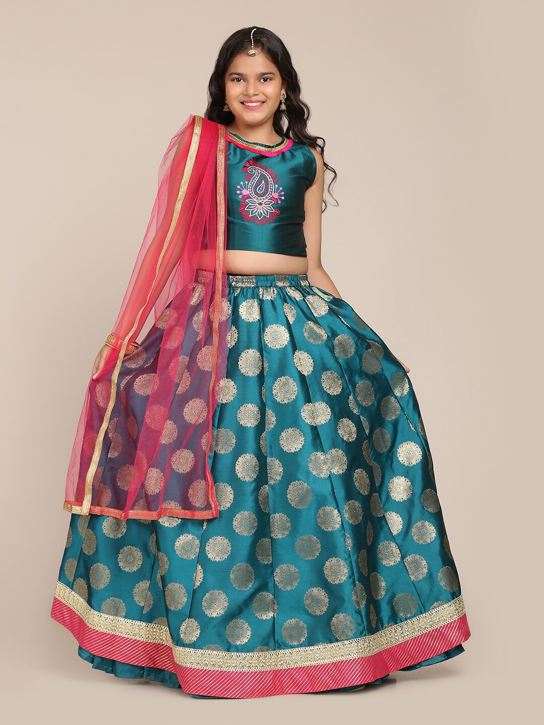 

Bitiya by Bhama Girls Green & Pink Embroidered Ready to Wear Lehenga & Blouse With Dupatta