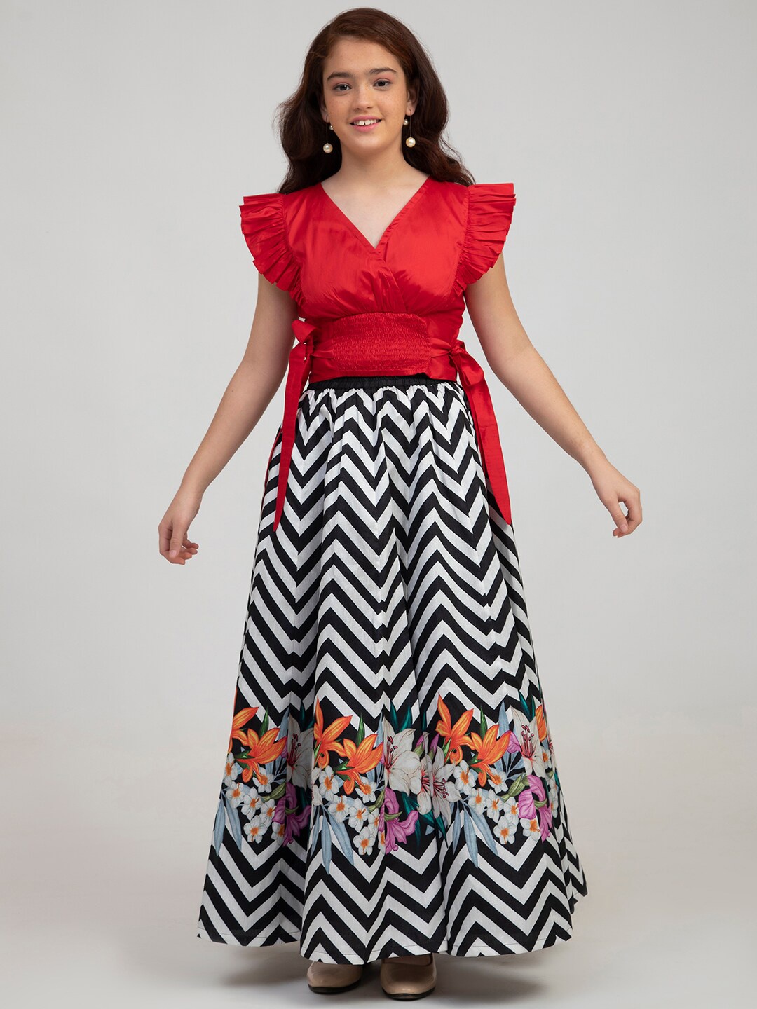 

Bitiya by Bhama Girls Red & White Ready to Wear Lehenga &
