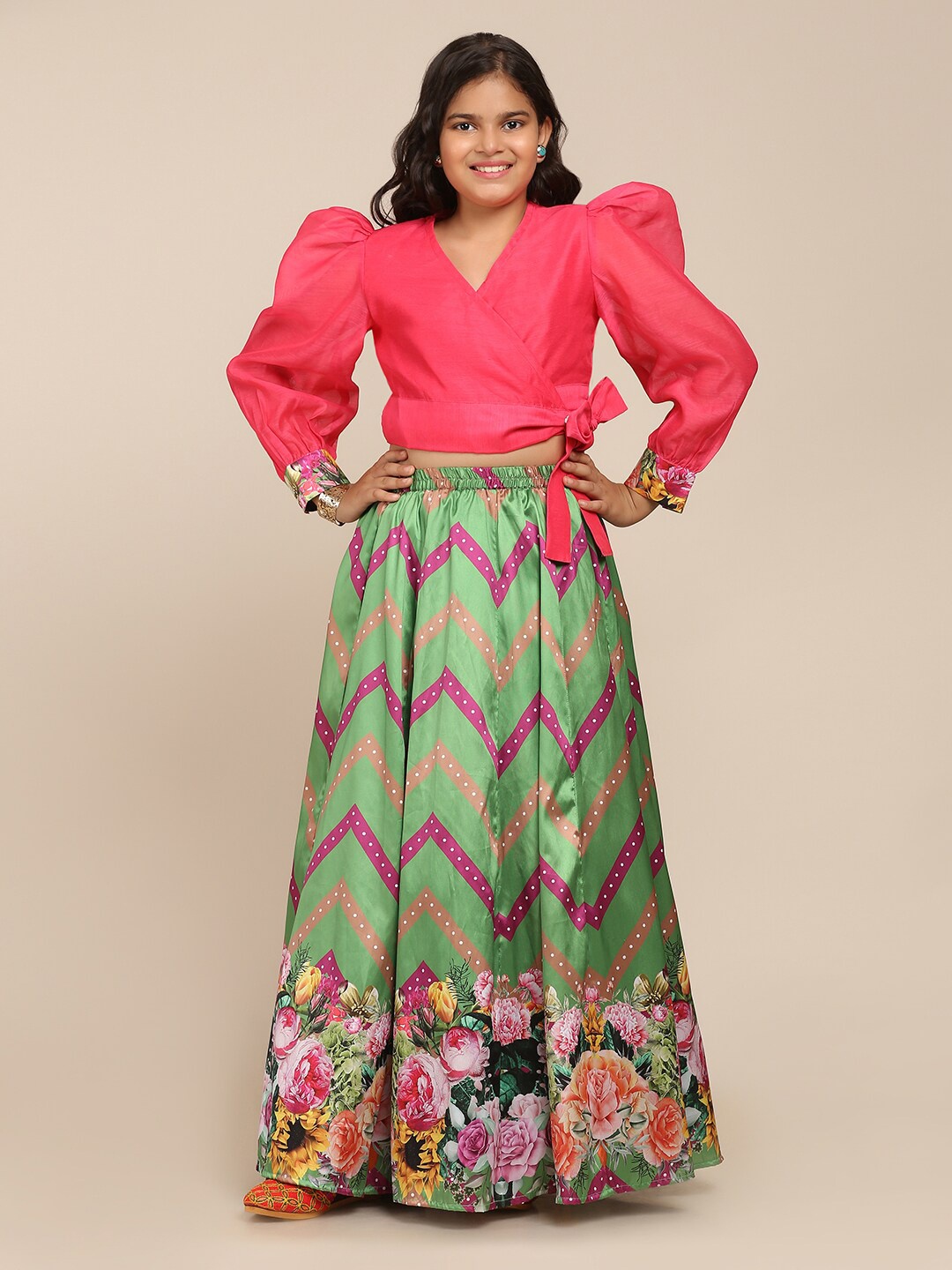

Bitiya by Bhama Girls Pink & Green Ready to Wear Lehenga &