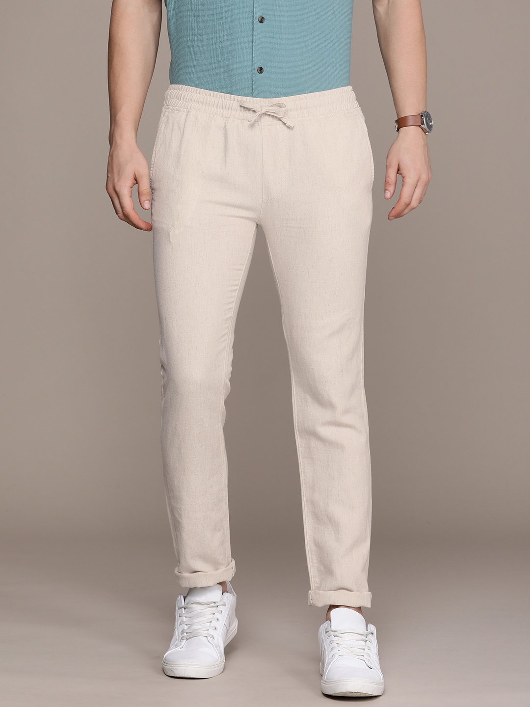 

Nautica Men Linen Cotton Slim Fit Pleated Trousers, Beige