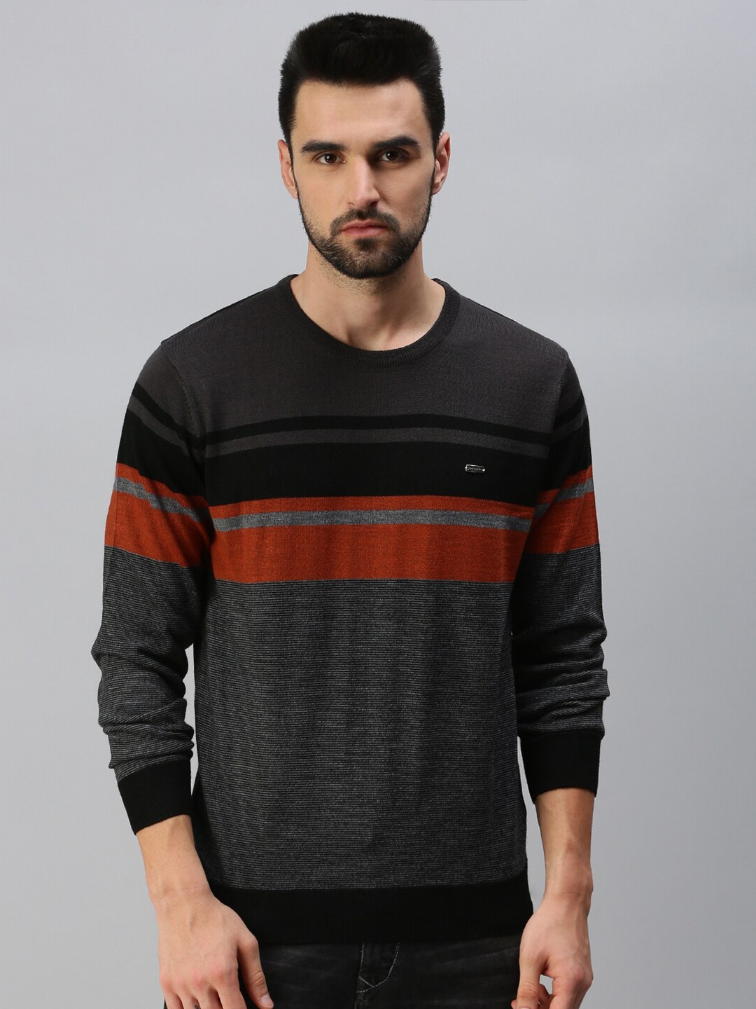 

98 Degree North Men Black & Brown Striped Pullover