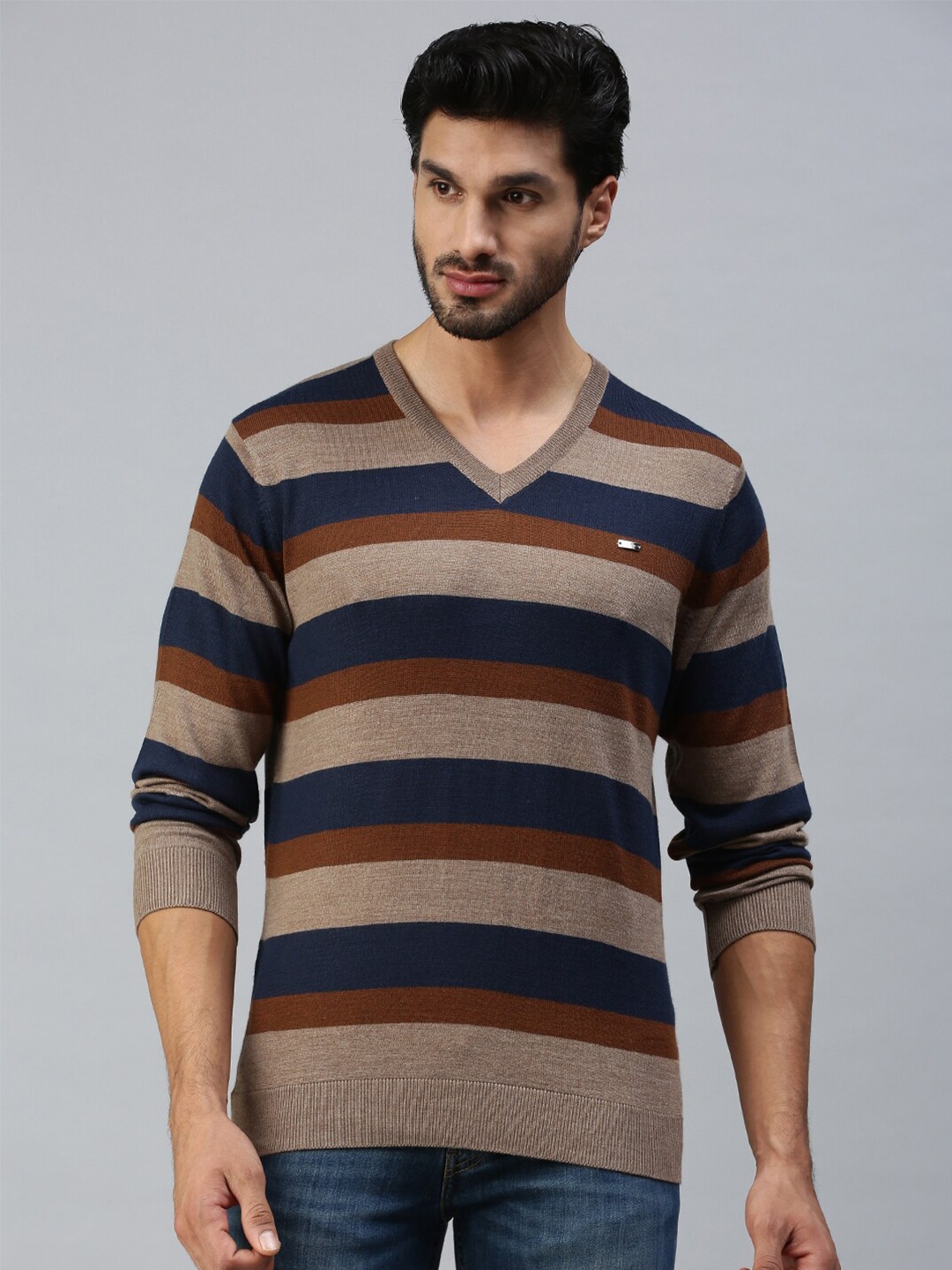 

98 Degree North Men Beige & Brown Striped Pullover