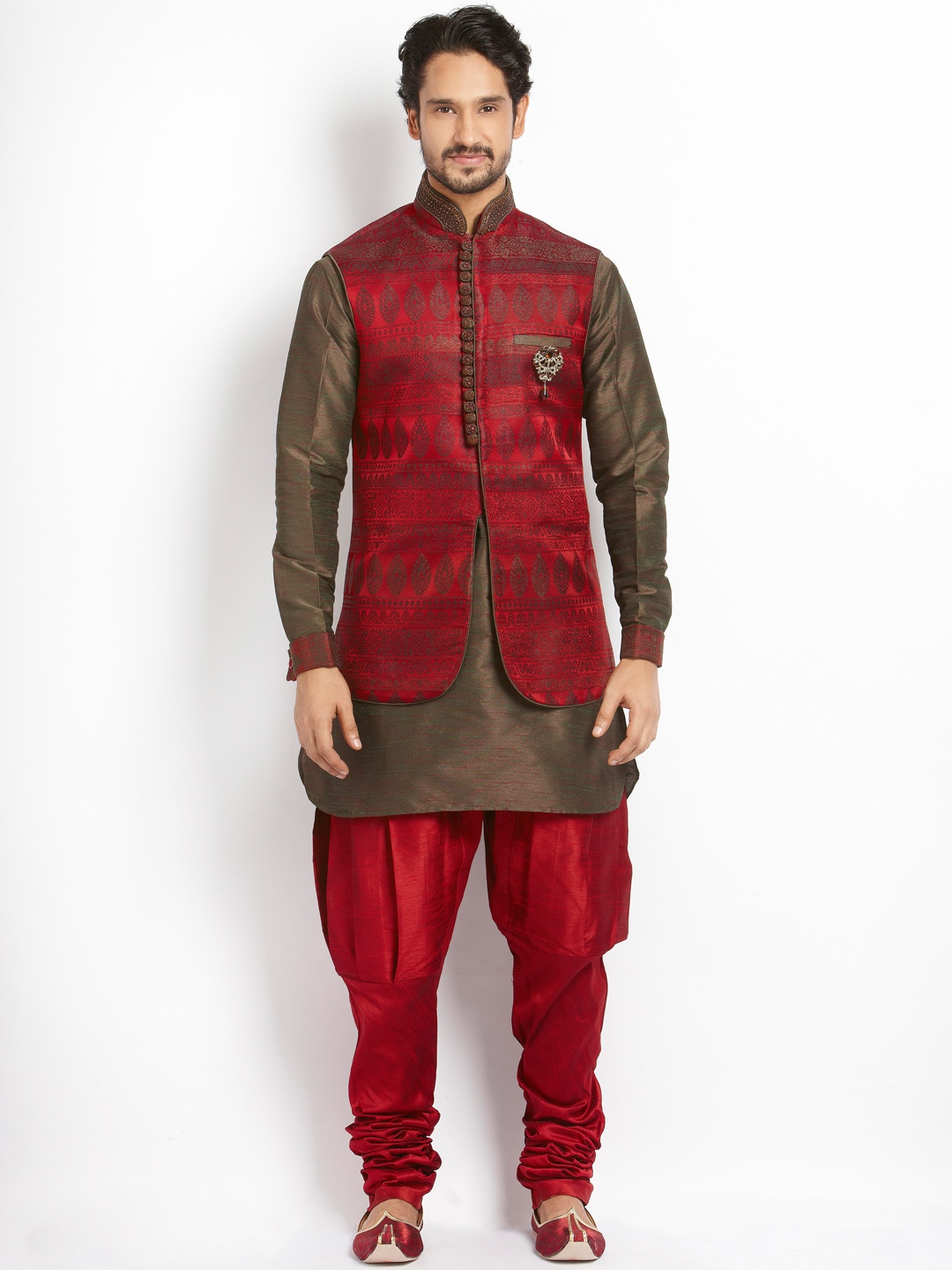 

Manu Men Brown Pure Silk Kurta Churidar & Nehru Jacket Set