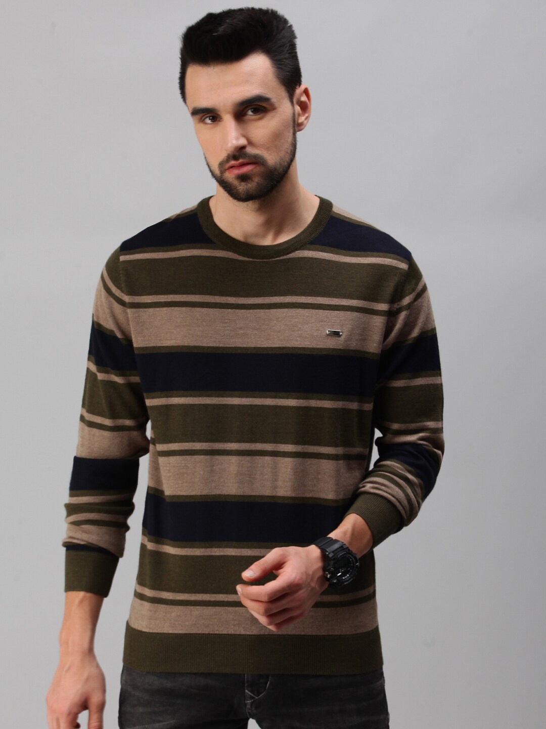 

98 Degree North Men Olive Green & Black Striped Pullover