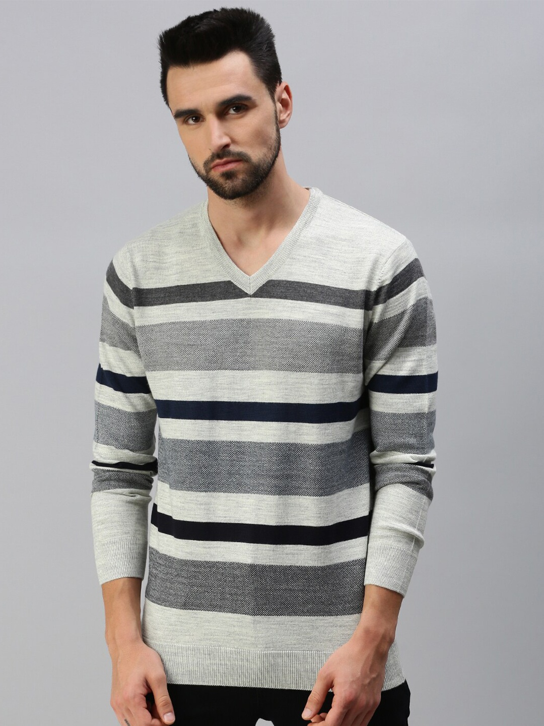 

98 Degree North Men Grey & Off White Striped Pullover