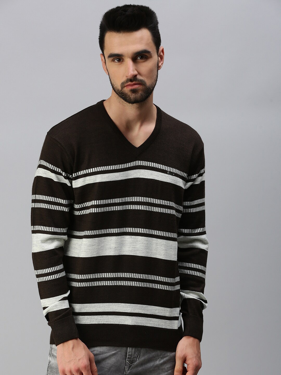 

98 Degree North Men Coffee Brown Striped Pullover