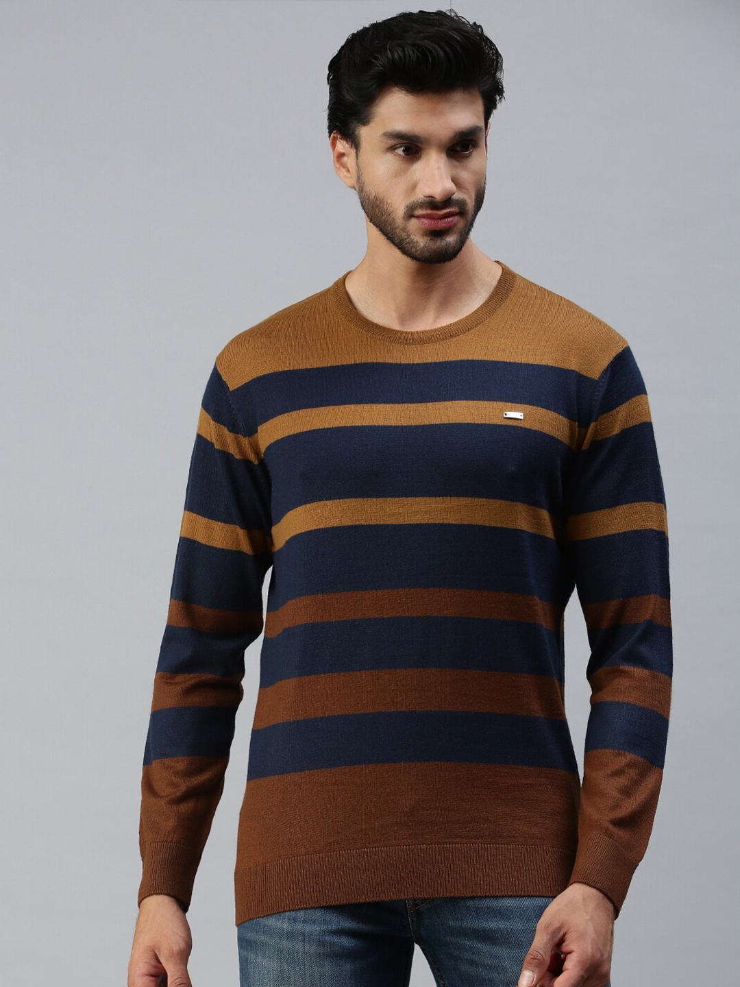 

98 Degree North Men Brown & Blue Striped Pullover