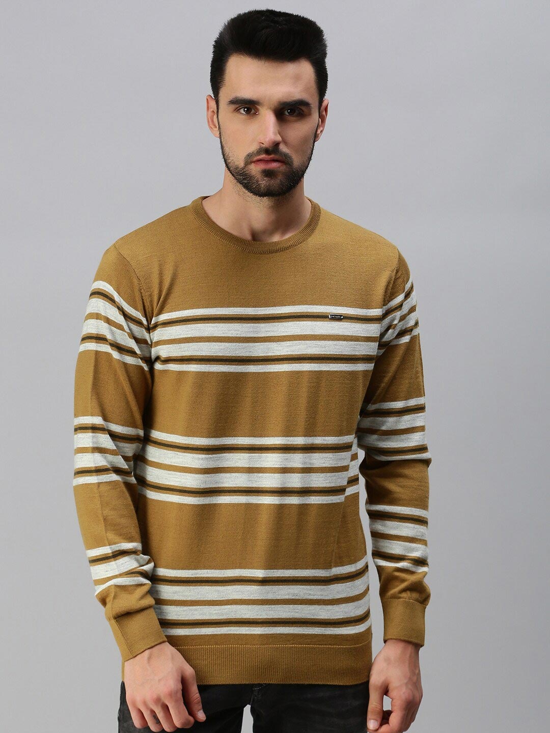 

98 Degree North Men Brown & White Striped Pullover