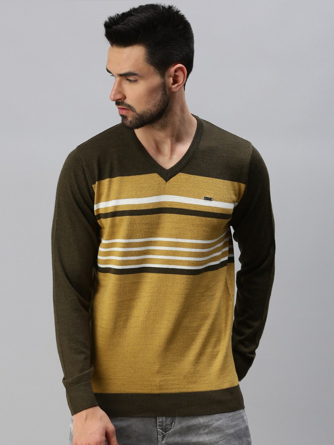 

98 Degree North Men Olive Green & White Striped Pullover
