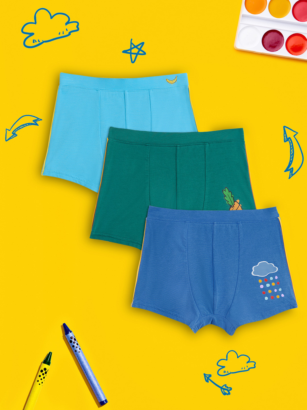 

XY Life Boys Pack Of 3 Solid Scribbles Intellisoft Tencel Modal Trunks, Multi