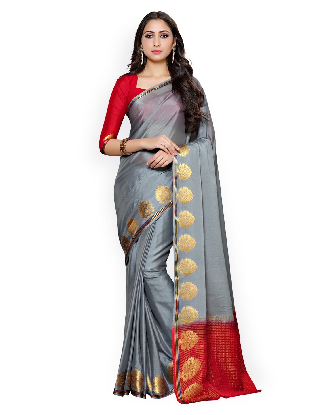 

MIMOSA Grey Poly Crepe Solid Banarasi Saree