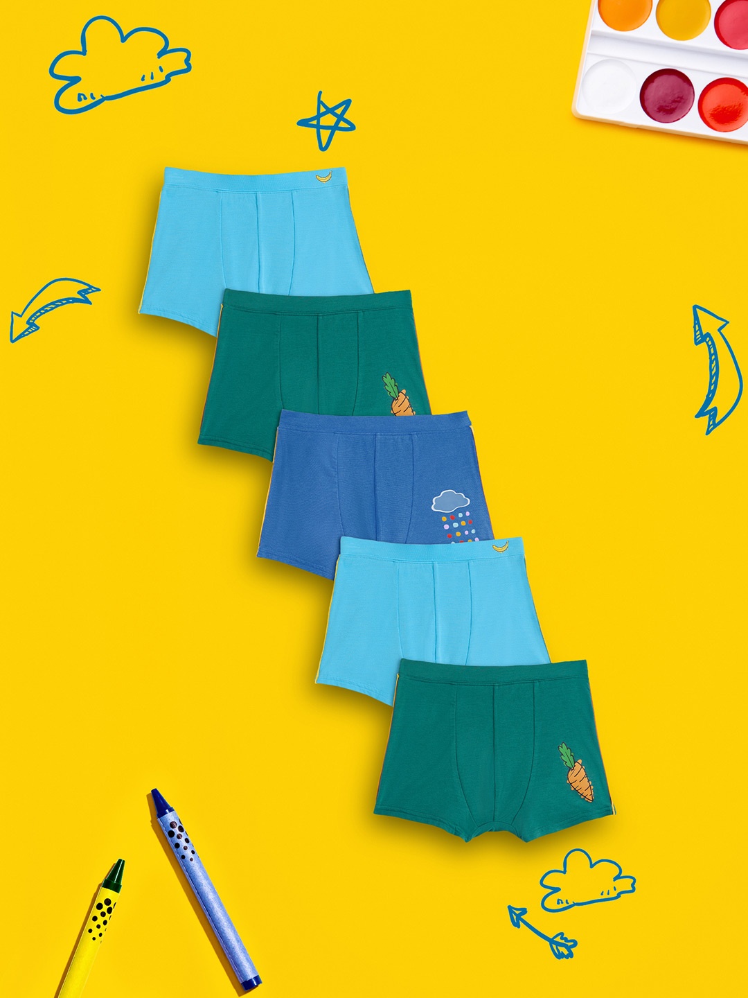 

XY Life Boys Pack Of 5 Blue & Green Scribbles Intellisoft Tencel Modal Trunks