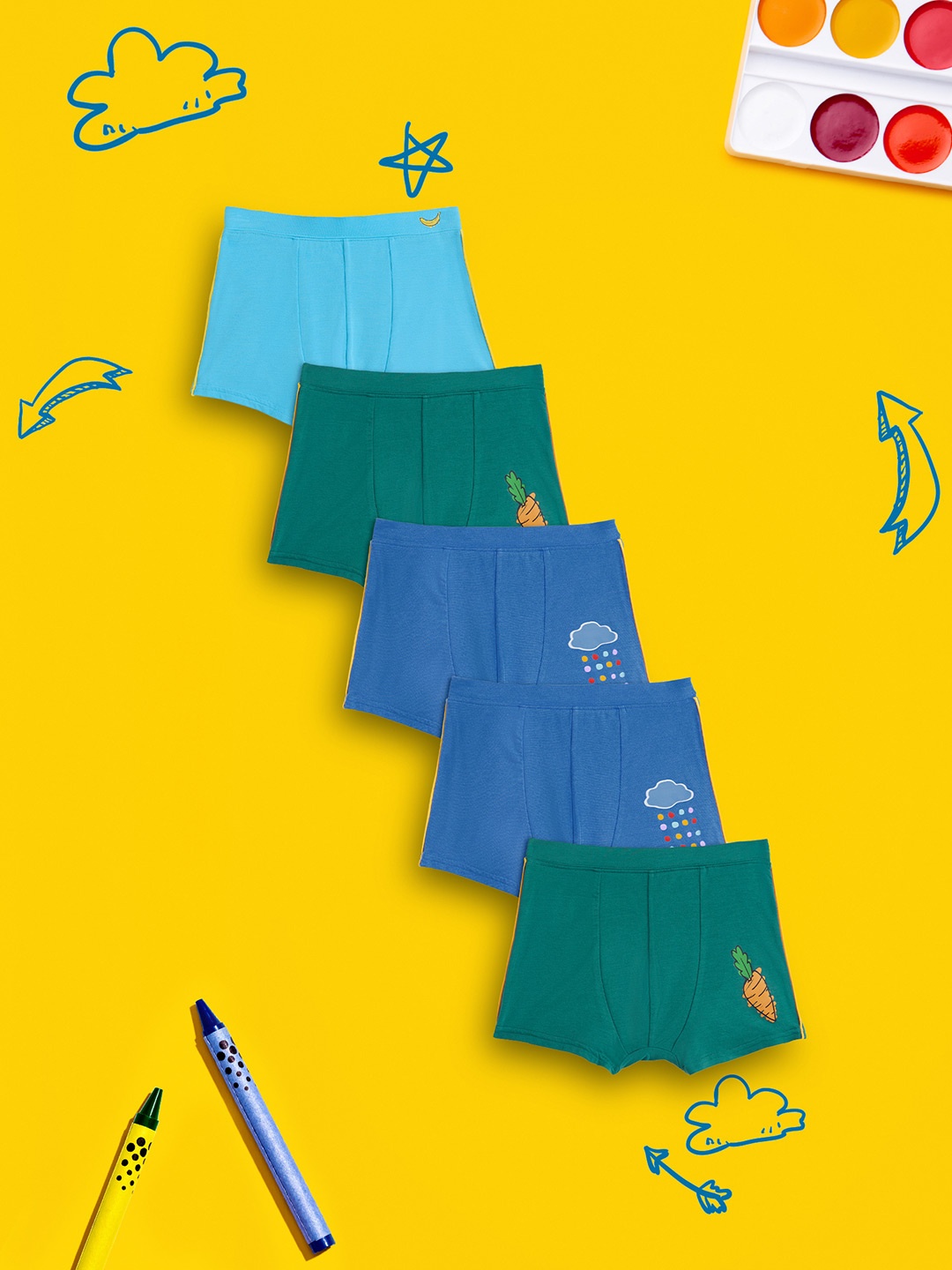 

XY Life Pack Of 5 Kids Boys Solid Scribbles Intellisoft Tencel Modal Trunks, Blue