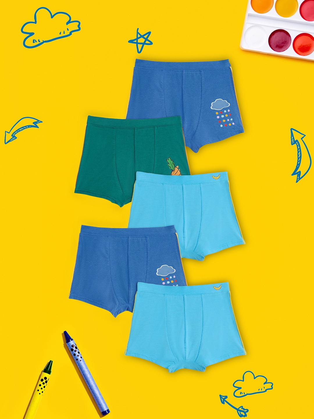 

XY Life Boys Pack Of 5 Blue & Green Scribbles Intellisoft Tencel Modal Trunks