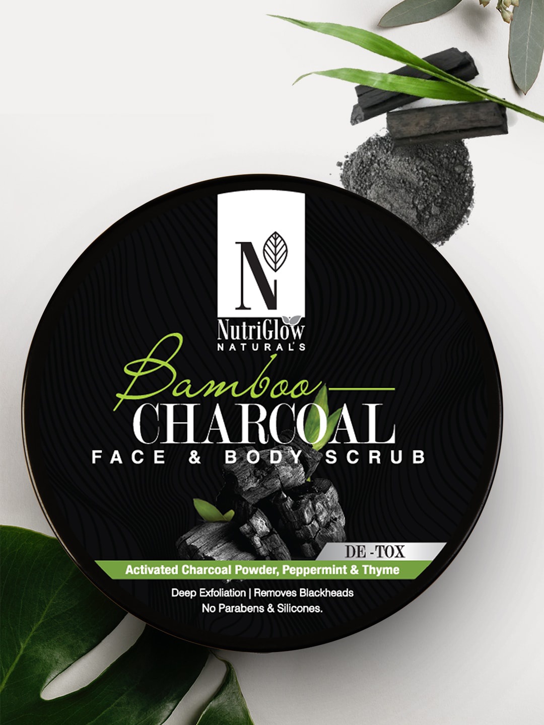 

NutriGlow Naturals Bamboo Charcoal Face & Body Scrub for Gentle Exfoliating - 200g, Black