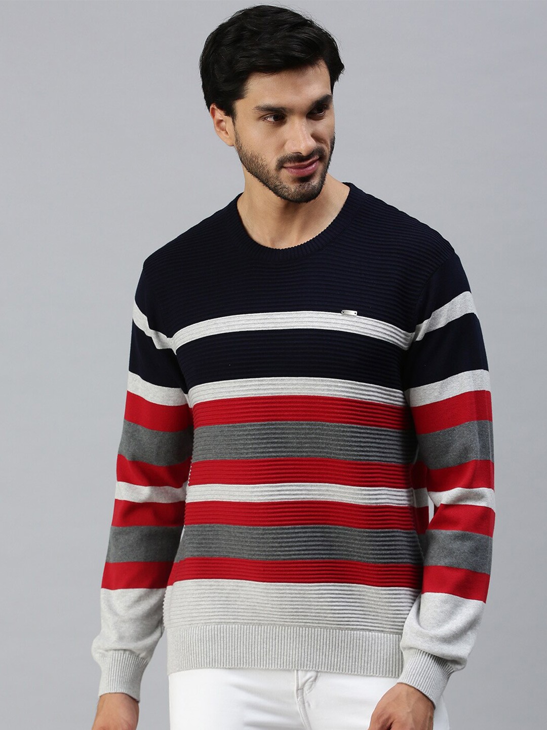 

98 Degree North Men Grey & Black Striped Pullover