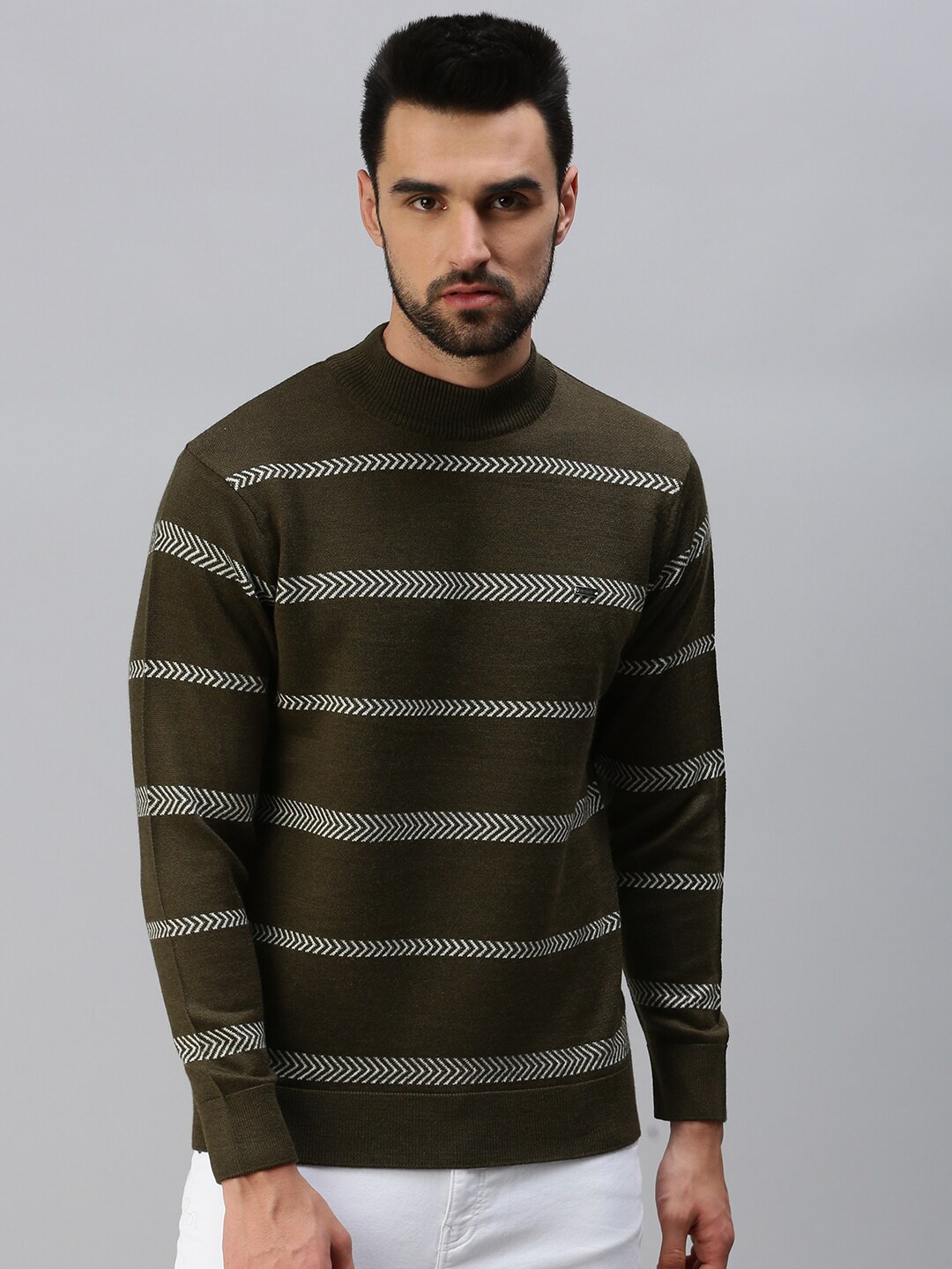

98 Degree North Men Olive Green Striped Pullover