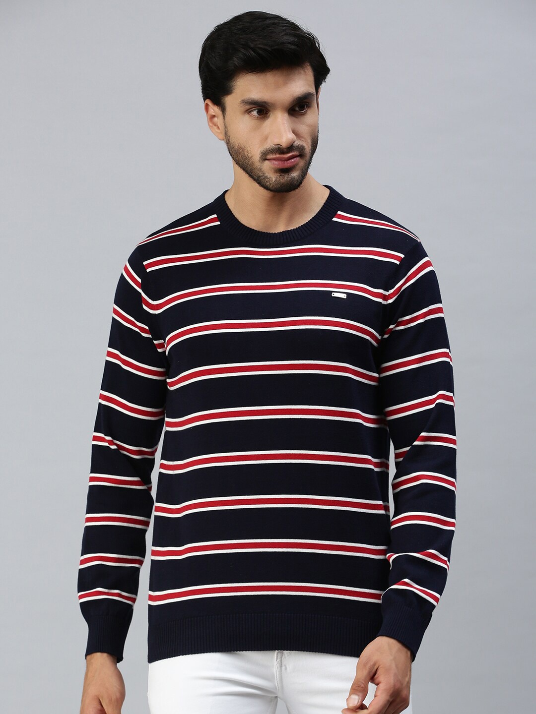 

98 Degree North Men Navy Blue & Red Striped Pullover