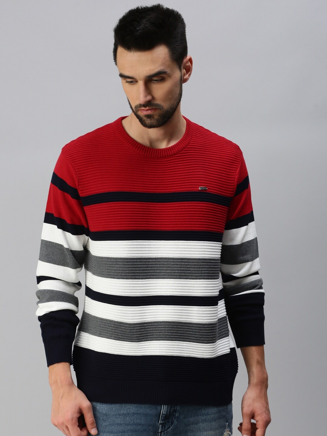 

98 Degree North Men Navy Blue & Tan Striped Pullover