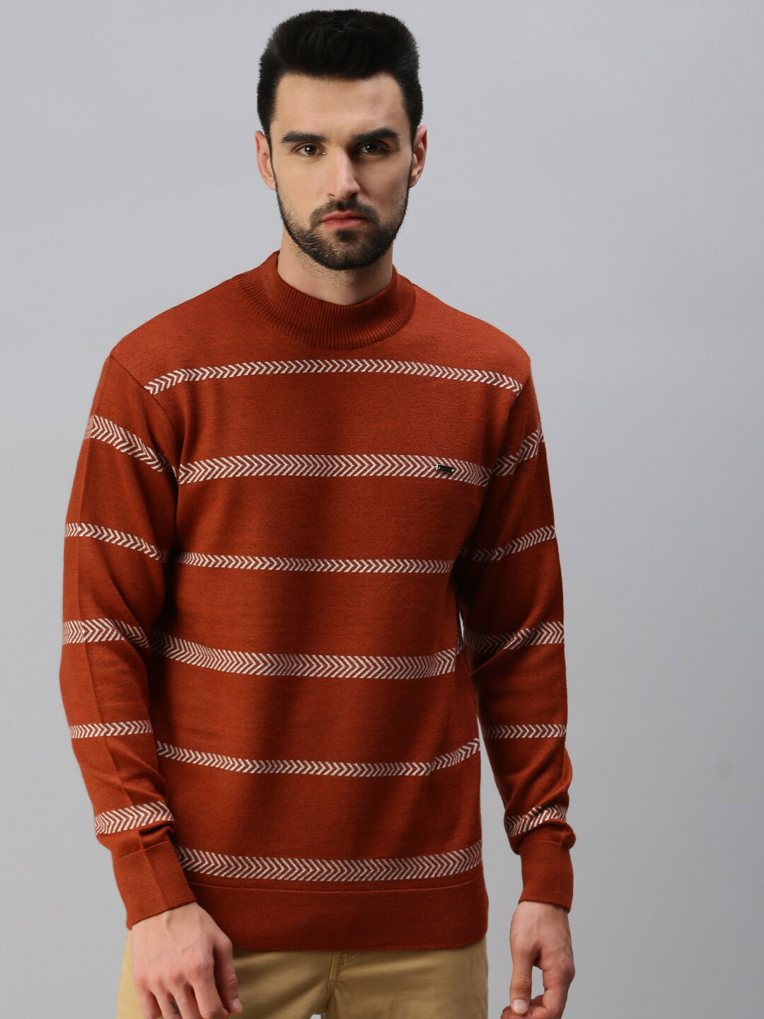 

98 Degree North Men Rust & White Striped Pullover