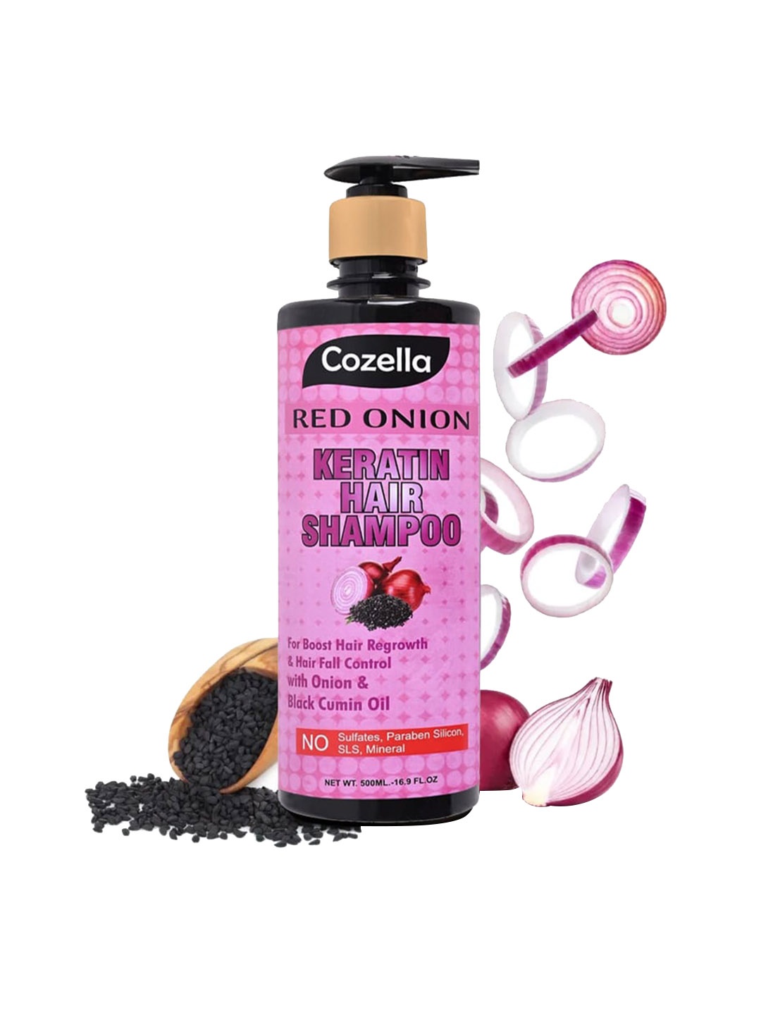 

COZELLA Paraben Free Red Onion Keratin Hair Shampoo with Black Cumin Oil - 500 ml, Pink