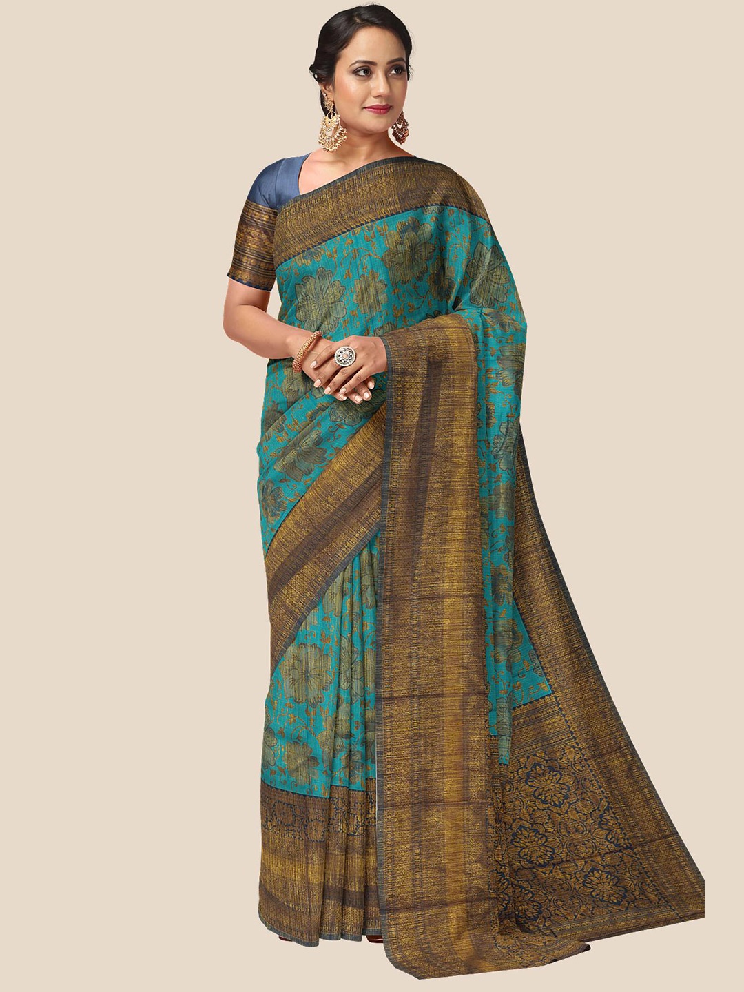 

Kalamandir Teal & Blue Floral Zari Silk Blend Saree