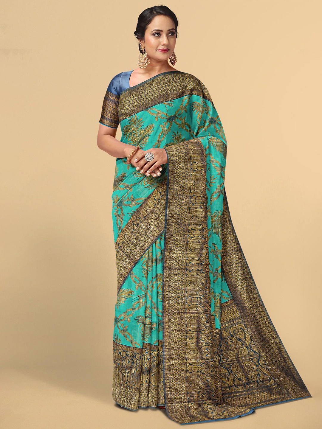 

Kalamandir Teal & Gold-Toned Woven Design Zari Silk Blend Saree